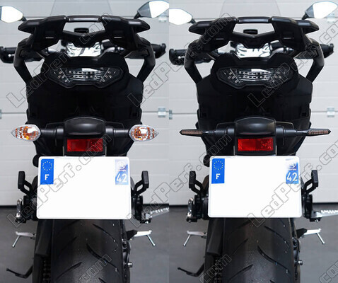 Comparativo antes e depois para a passagem dos piscas sequênciais a LED de Indian Motorcycle Chief bobber dark horse 1890 (2022 - 2023)
